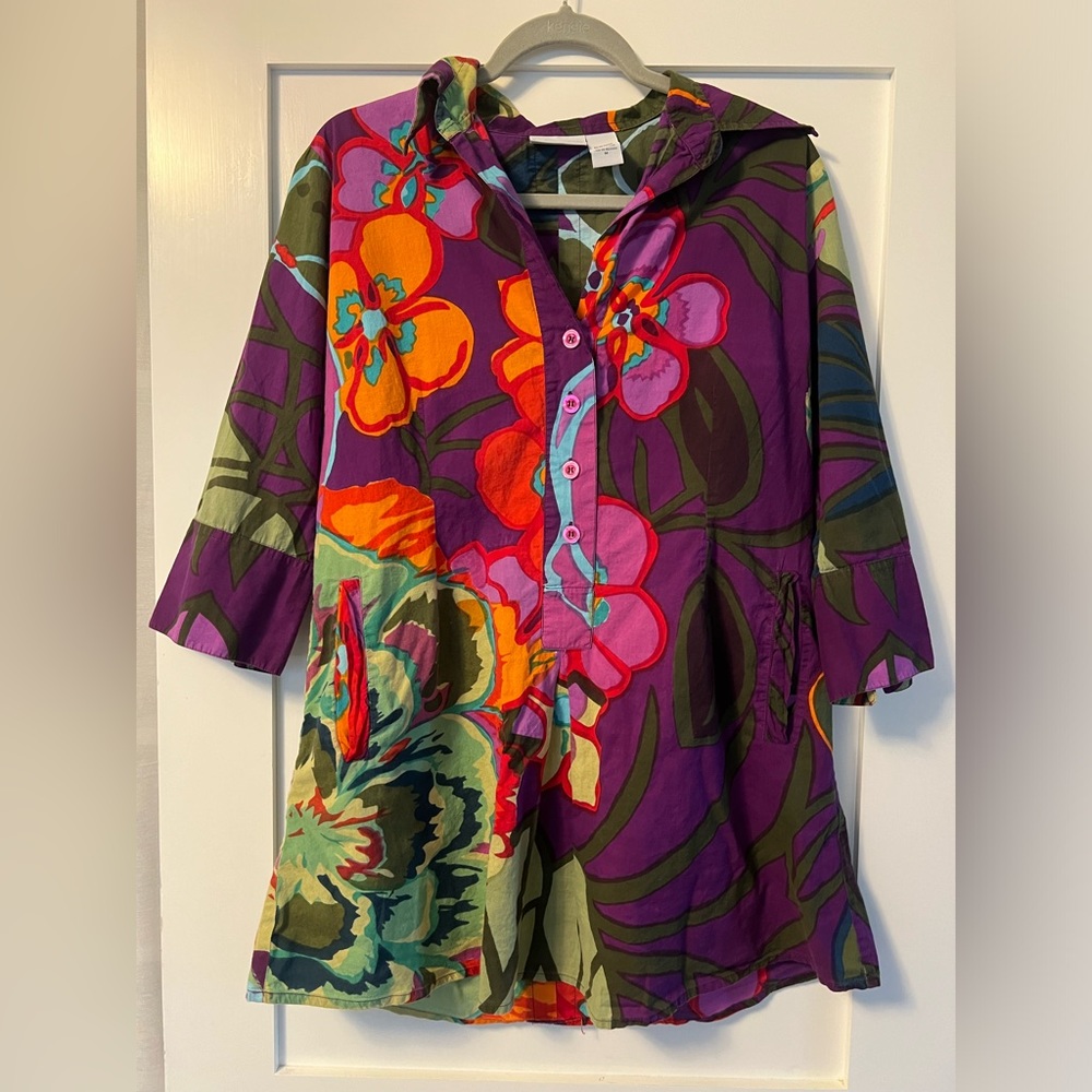Soft Surroundings Sadie Purple Floral Button Front Longline Tunic Top Pockets Sm